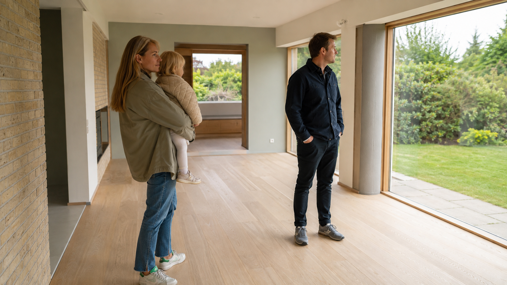 Familie på fremvisning i et moderne dansk hus